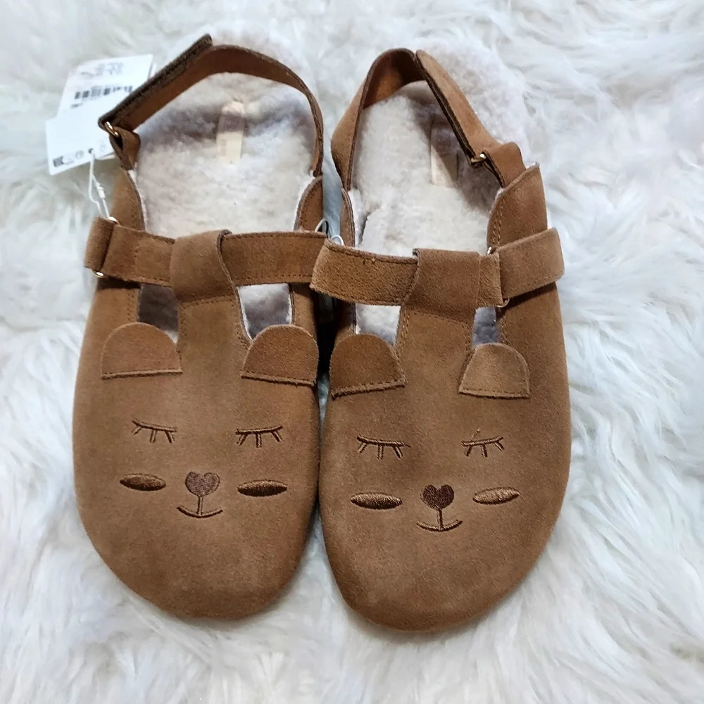 Zara Girls Tan Suede Leather Animal-Accent Sandals Clogs Sz-6
